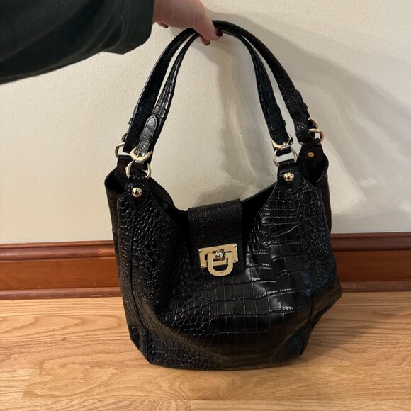 NWT DKNY Black Crocodile Embossed Leather Hobo Bag - Picture 6 of 14